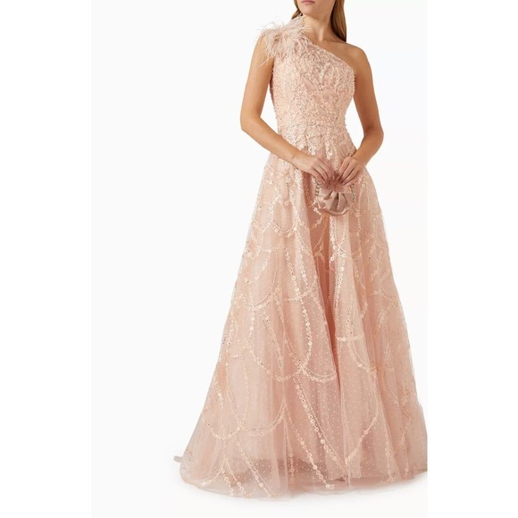 MAC DUGGAL Embellished Feathered One-shoulder Gown in Tulle Size 8 NWT - Picture 4 of 13